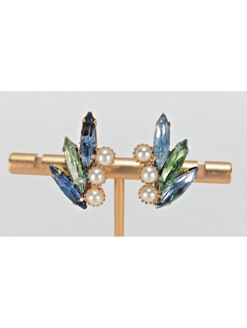 Vintage Ice Blue Rhinestone & Faux Pearl Clip-On Earrings Climber Huggies Retro